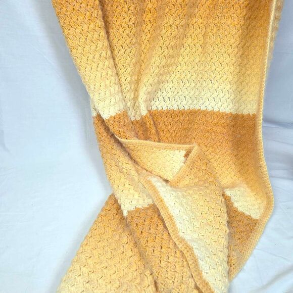 Handmade Crochet Afghan Blanket Striped Yellow Tan Cream 56x74 - Picture 3 of 4